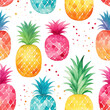 Watercolor seamless pattern with colorful pineapples isolated on white background.