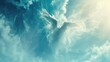 Angelic figure amidst clouds in blue sky - A mesmerizing celestial scene depicting spiritual guidance and the timeless allure of angelic presence in a sea of fluffy clouds.