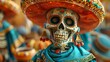 A skeleton figurine wearing traditional Mexican clothing and a wide-brimmed hat decorated with flowers symbolizes the Day of the Dead holiday. Mexican culture