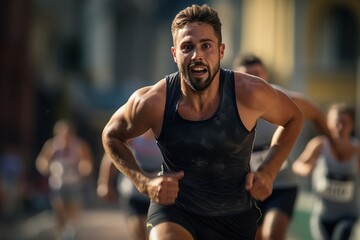 Wall Mural - A man running with his arms outstretched and a look of determination on his face