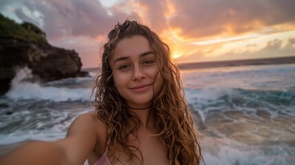 Wall Mural - Radiant beach selfie. Smiling woman's sunny expression mirrors golden sunlight.