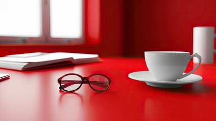 Canvas Print - Coffee cup and glasses on red table.