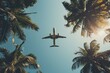 Adventurous Airplane over tropical palm. Summer paradise. Generate Ai