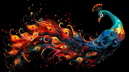 Wall Mural - A colorful peacock with lots of feathers on a black background. A magical creature made of fire.
