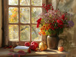 Serene autumn scene on a wooden window sill. A rustic metal pitcher overflows with a vibrant bouquet of flowers. Beside it lay a closed book, two red apples, and small pumpkins