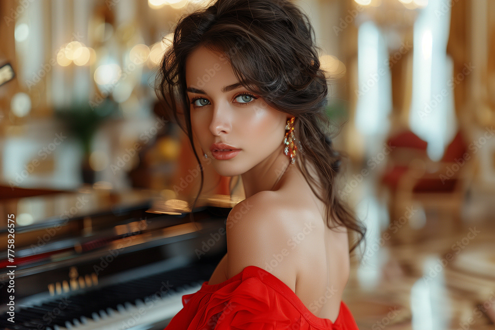 Beautiful young woman with black hair and blue eyes wearing a red dress ...