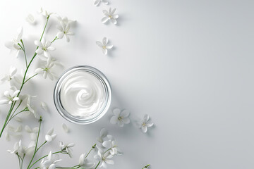 Open round box of white cream with spring flower elements next to it on an empty background with space for text or inscriptions, top view. Skin and face care

