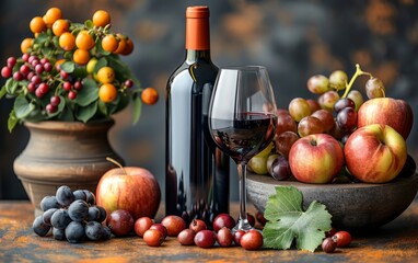 Wall Mural - A bottle of red wine is next to a bowl of fruit, including apples and grapes. The wine glass is also present, adding to the festive atmosphere