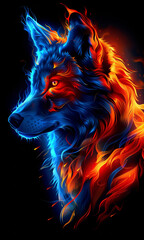 Wall Mural - A close up of a wolf on a black background. A magical creature made of fire.