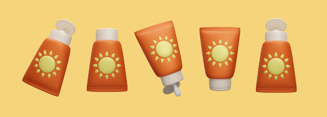 Wall Mural - Set of 3D SPF sunscreen cream bottles vector illustration. Colorful cartoon style 3D summer cosmetic products. Sunblock sun safety lotion, UV lights protection, skincare during travel vacation.