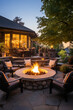 beautiful outdoor seating area, with several luxurious chairs arranged around a fire pit