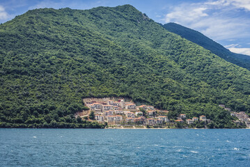 Sticker - Distance view of Kostanjic town, Bay of Kotor, Montenegro