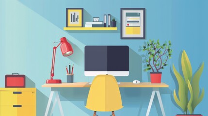 Poster - Modern Desk Setup With Computer and Potted Plant