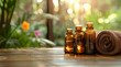 Dark glass essential oil bottles with droppers on relax background. High quality