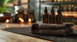 Dark glass essential oil bottles with droppers on relax background. High quality