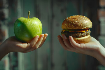 Hands with green apple and burger to choose from, healthy food vs unhealthy food side by side. choice between burger and apple with space for text or inscriptions
