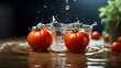 Tomato, rapidly sinking in a water tank, successful photography