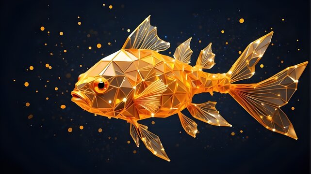 Isolated polygonal magic gold fish against a dark backdrop. A low-poly vector depiction of a Comos, or starry sky. Digital images are made up of destruct shapes, lines, and dots.
