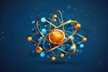 Abstract cosmic sign or symbol of an atom. Concept of nuclear science on a blue background of technology. Blue polygonal style atom or molecule with light orbits and brilliant sparkles. Vector