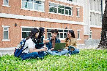 Diverse group of young adults from Asia and beyond, enjoying university life together. happy, learning, and making lifelong friendships, whether in outside class, sunny summer days or cozy weekends