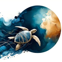 Planet vs. plastics watercolor illustration with a turtle wrapped in plastic swimming towards the planet.