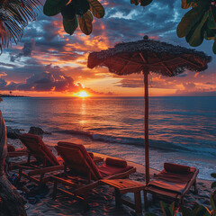 Beautiful tropical sunset scenery, two sun beds, loungers, umbrella under palm tree. Sea view with horizon, colorful twilight sky, calmness and relaxation. Inspirational beach resort hotel

