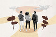 © deagreez - Trend artwork composite sketch image 3D photo collage of black white three friends stand on road travel different way choice direction