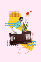 Poster - Creative poster collage of pretty female ride fly cassette tape recorder listen music have fun bizarre unusual fantasy billboard