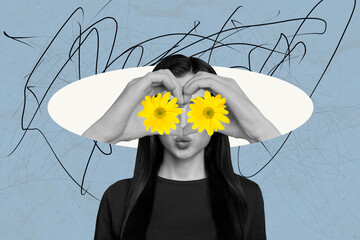 Poster - Creative picture collage young girl daisy yellow eyes hands look stare drawing doodles flora natural organic blossom drawing background