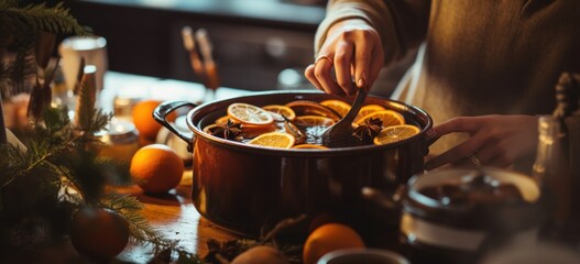 Wall Mural - Preparing spiced mulled wine at home during festive season. Holiday preparations and traditions.