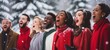 Group of joyful diverse friends singing carols in wintertime. Holiday celebration and joy.