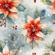 Watercolor christmas seamless pattern with red flowers and holly berry on  snowy background.