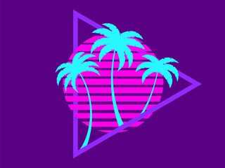 Wall Mural - 80s retro sci-fi palm trees on a sunset in triangular frame. Retro futuristic sun with palm trees. Synthwave and retrowave style. Design for advertising banners and posters. Vector illustration