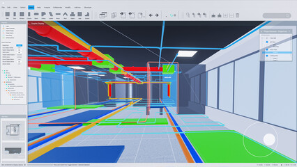 3D Render Of Architectural Software Interface with Virtual Reality Visualization. Screen Replacement with Interior Digitalization for Engineers, Designers, Builders and Construction Workers.