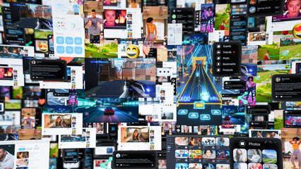 Poster - 3D Render: Digital Background with Different Online Services. Demonstration of Messenger Apps, Dating Profiles, Game Streams, Entertainment Viral Videos All Connected in Social Network Visualization