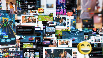 Poster - 3D Render of Digital Background with Different Online Services. Demonstration of Messenger Apps, Dating Profiles, Game Streams, Entertainment Viral Videos All Connected in Social Network Visualization