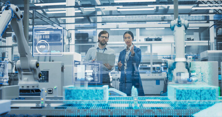 Fototapete - Electronics Factory Assembly Line Digitalization: Automated Robot Arms Manufacturing Advanced Equipment. Managers Discussing Work while Futuristic AI Computer Vision Analyzing, Scanning Conveyor Line