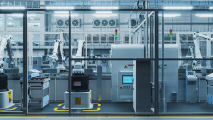 Leinwandbilder - 3D Render Of Robotic Arm Conveyor Line Manufacturing Industrial Electronic Devices. Advanced Automated AI Assembly Line Producing High Tech Products for the Information Technology Industry.
