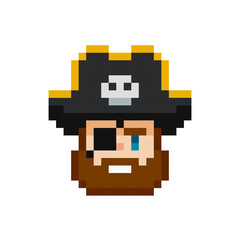 Poster - Funny Pixel Pirate Head icon or Captain face editable vector symbol in retro game style