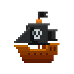 Poster - Perfect Pixel Pirate Ship icon or sailing frigate - editable vector symbol in retro game style isolated on white background