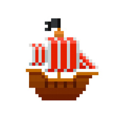 Poster - Pixel Pirate Ship icon or sailing frigate with red stripes - editable vector symbol in retro game style isolated on white background
