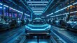 Futuristic electric car factory production line, robotics and automation in automotive manufacturing processes.