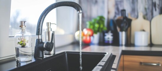 Wall Mural - Kitchen sink with faucet and glass of water