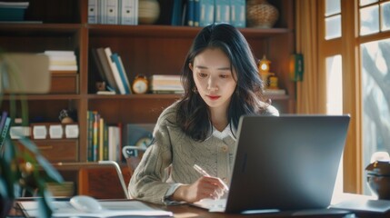 Focused Asian businesswoman analyzing reports on her laptop in a productive office environment.
