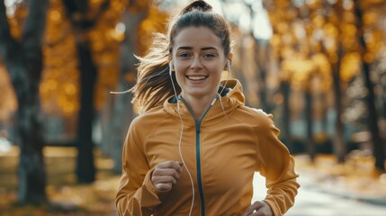 Wall Mural - Determined sportswoman enjoying a run through the park with motivational earbuds.