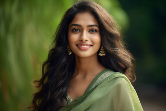 Beautiful smiling young woman of Indian ethnicity with flowing hair wearing traditional dress in the outdoor