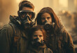 Portrait of family wearing respiratory gas masks. Post apocalyptic scene, city in ruins background