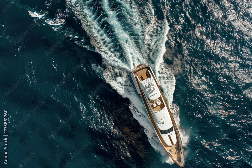 aerial view of a luxury yacht gracefully cruising the clear blue waters ...