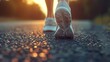 Close-up of an athlete's feet walking, with a focus on the running shoes at sunset. The perspective is low and close to the ground, highlighting the details and texture of the shoes and the surface.