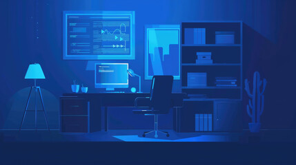 Business team working together remotely. flat illustration style, blue color optic, developers working together remotely and in on room